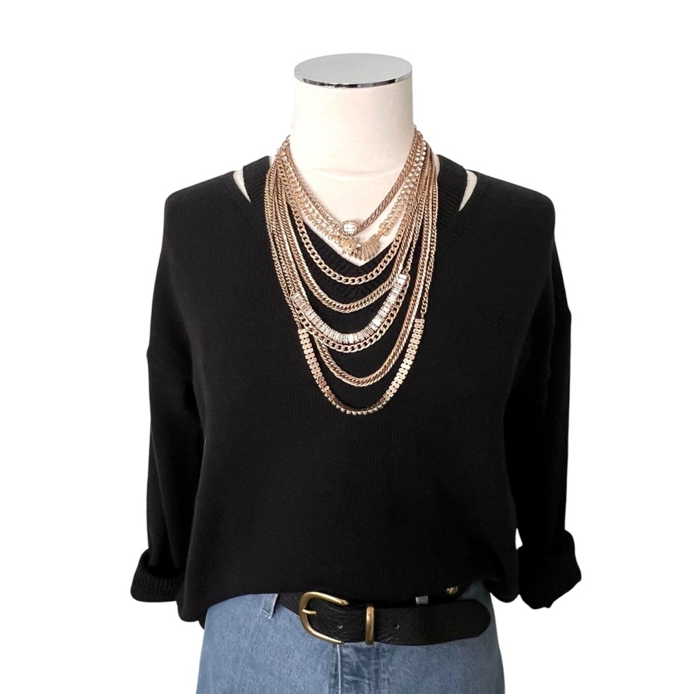 LOFT Petite V-Neck Split Neckline Knit Sweatshirt Cotton Blend Black Sz SP